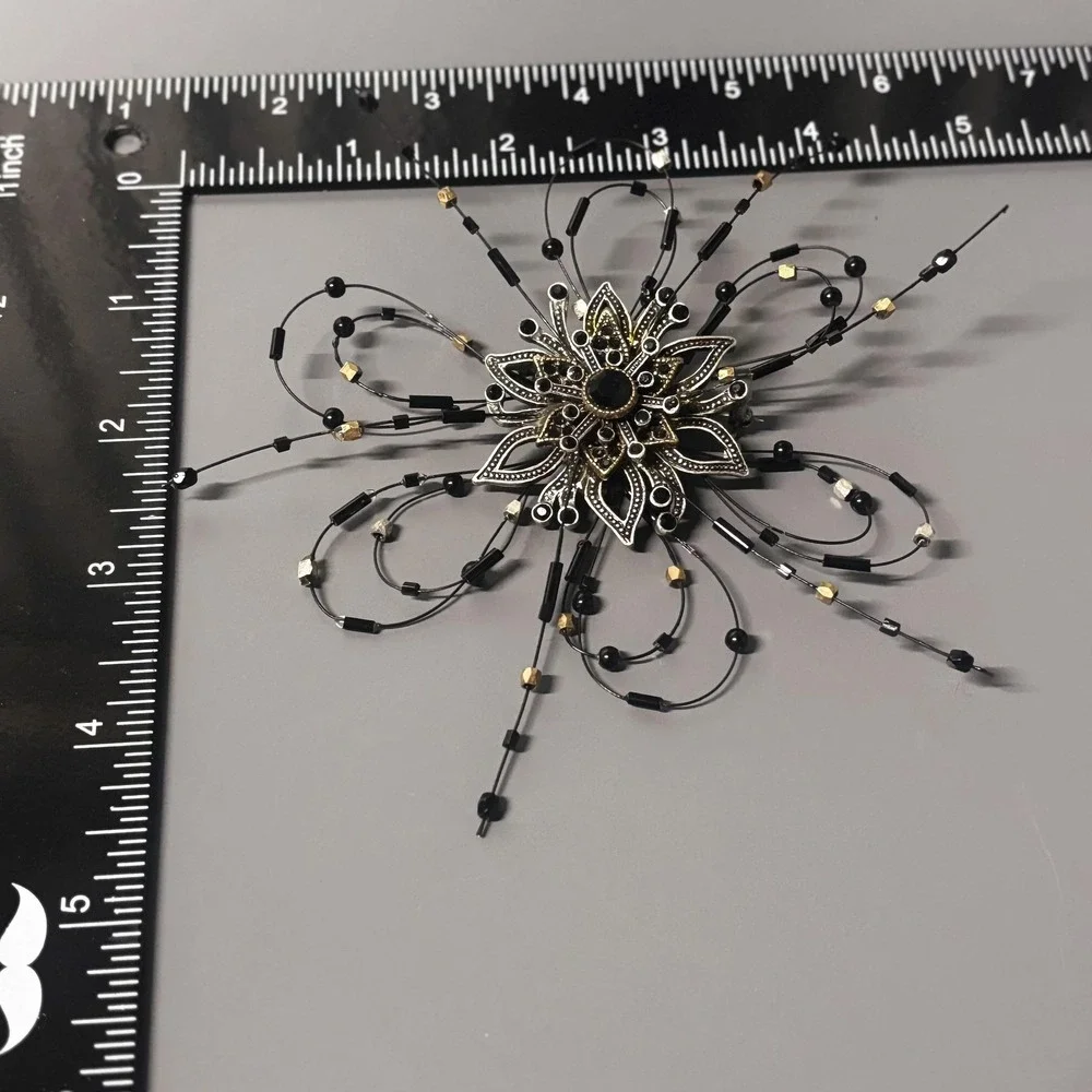 Large‎ Statement Flower Starburst Brooch Pin Black Rhinestone Beaded Silver Tone